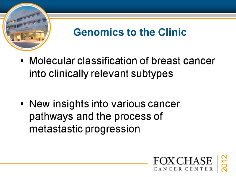 Genomics to the Clinic Molecular classification of breast cancer into clinically relevant subtypes 
